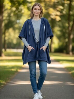 aerie Navy Hooded Poncho with Front Pockets